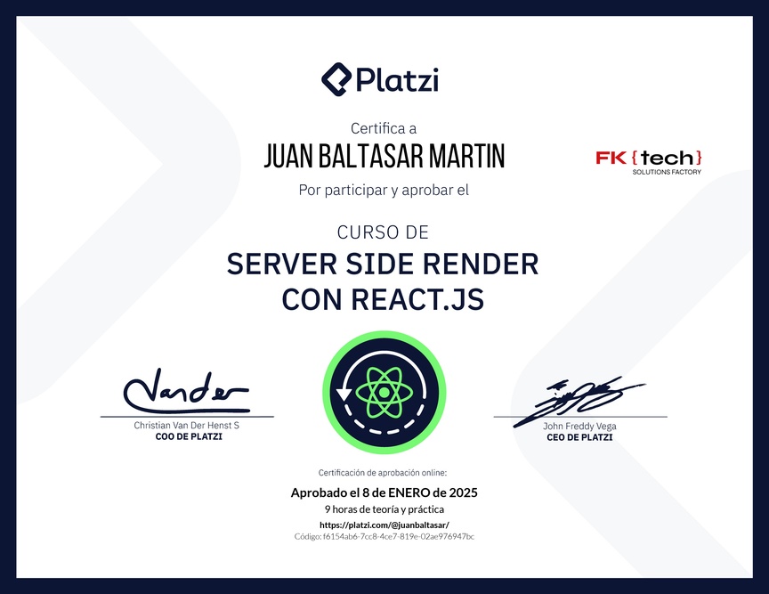 Diploma del Curso de Server Side Render o SSR con React.js