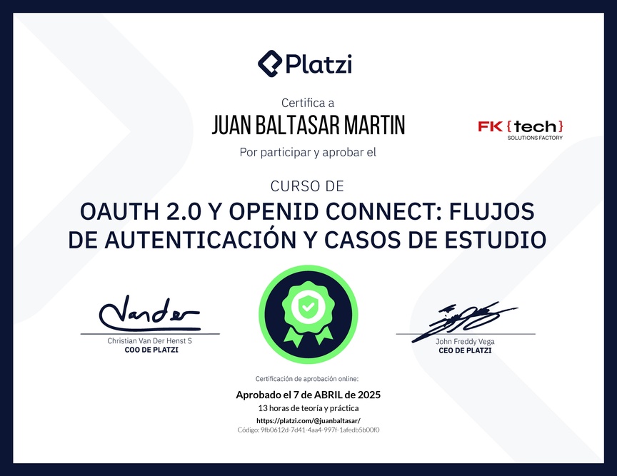 Diploma del Curso de OAuth 2.0 y OpenID Connect: Flujos de Autenticación y Casos de Estudio