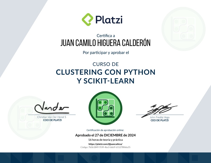 Diploma del Curso de Clustering con Python y scikit-learn