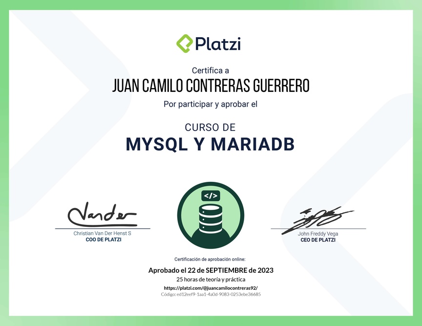 Diploma del Curso de Bases de Datos con MySQL y MariaDB