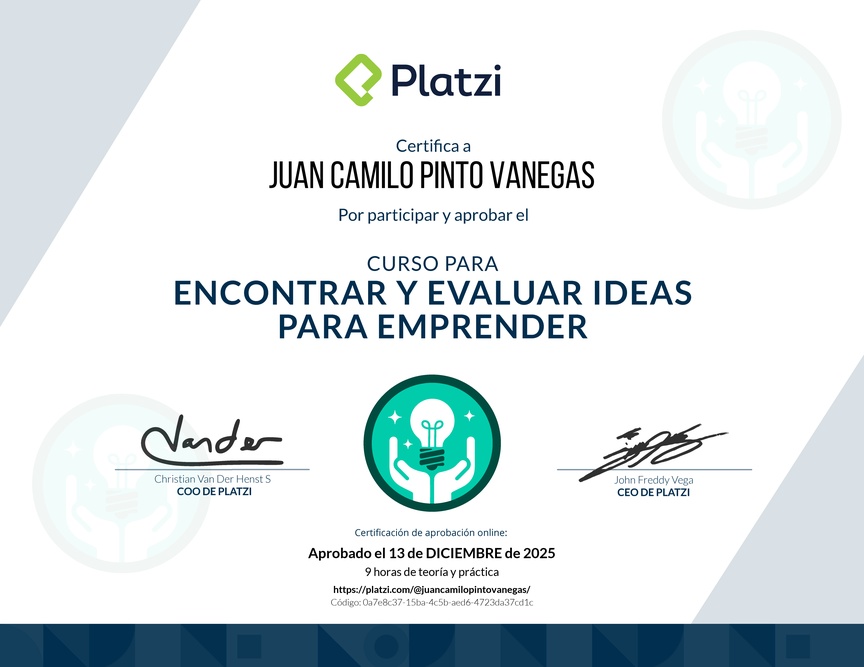 Diploma del Curso para Encontrar y Evaluar Ideas para Emprender
