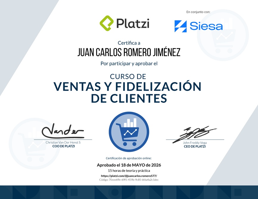 Diploma del Curso de Ventas y Fidelización de Clientes con Buyer Journey