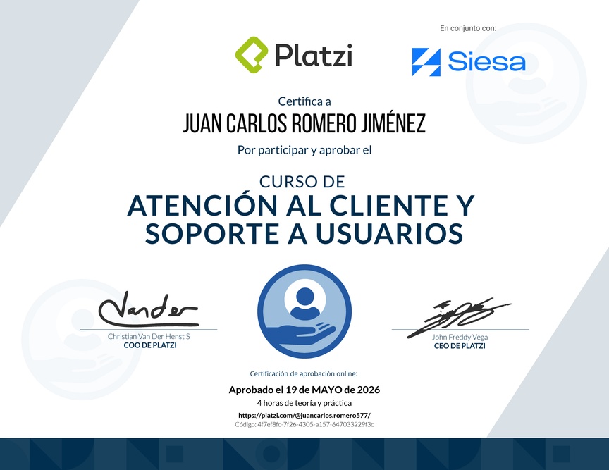 Diploma del Curso de Servicio al Cliente y Soporte a Usuarios