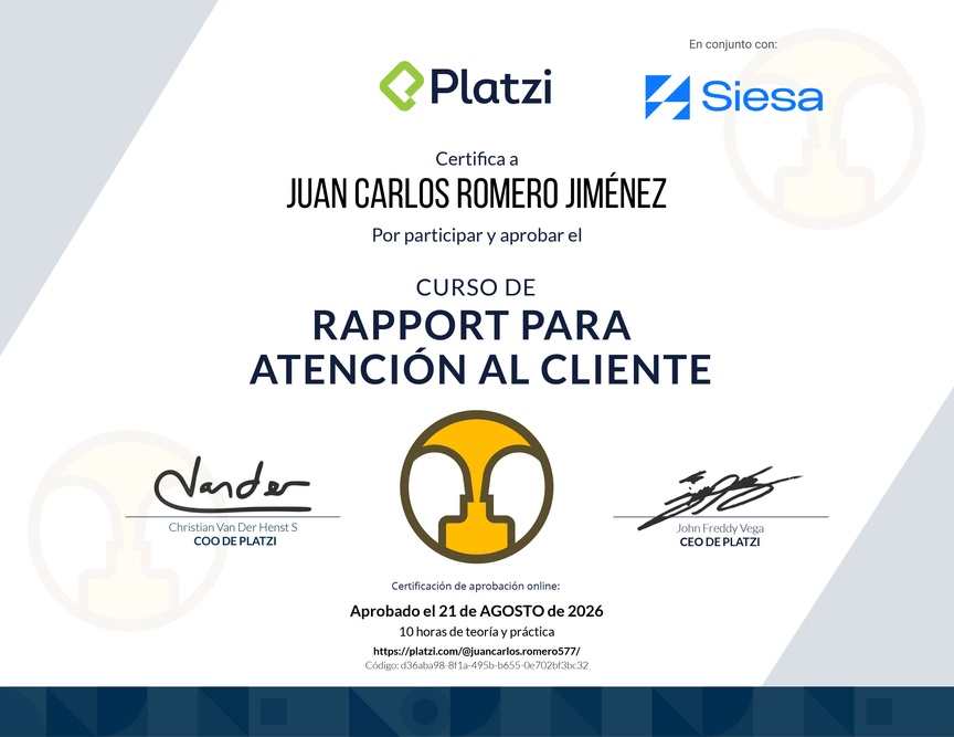 Diploma del Curso de Rapport para Atención al Cliente