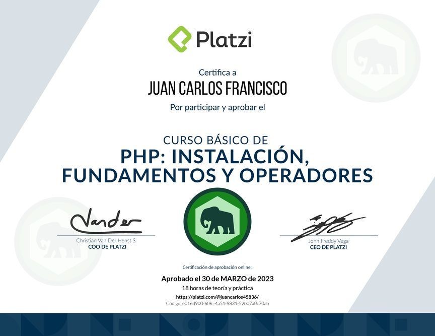 Diploma del Curso Básico de PHP: Instalación, Fundamentos y Operadores