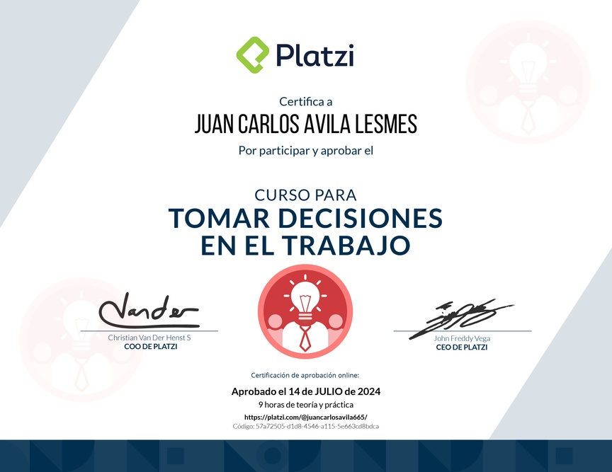 Diploma del Curso para Tomar Decisiones en el Trabajo