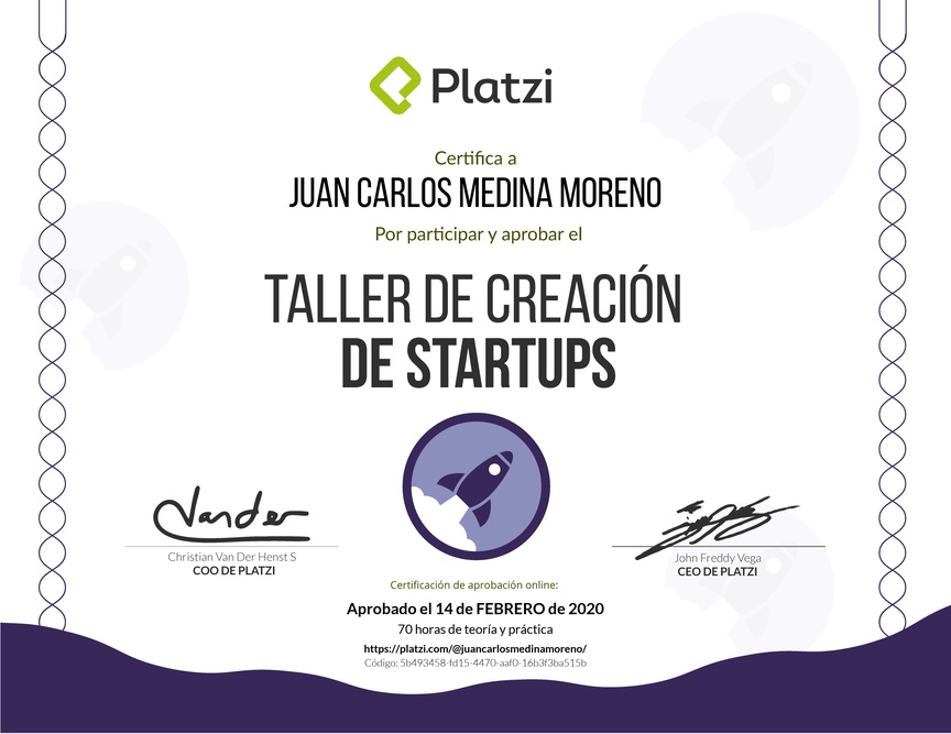 Diploma de Taller de creación de Startups 2019