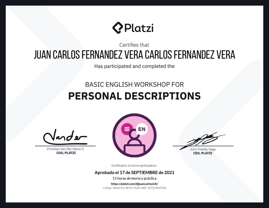 Diploma del Curso de Inglés Práctico para Descripciones Personales (2020=
