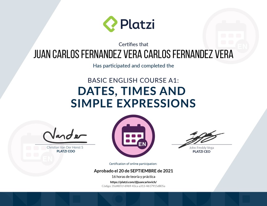 Diploma del Curso de Inglés Básico A1: Fechas, Horas y Expresiones Simples