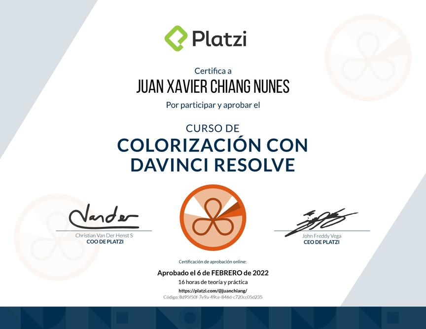 Diploma del Curso de Colorización con DaVinci Resolve