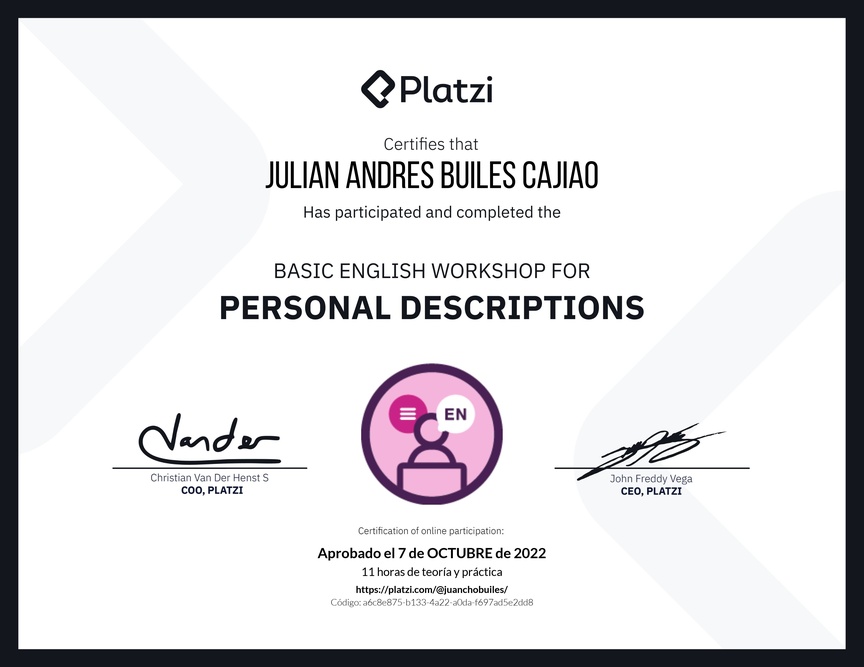 Diploma del Curso de Inglés Práctico para Descripciones Personales (2020=