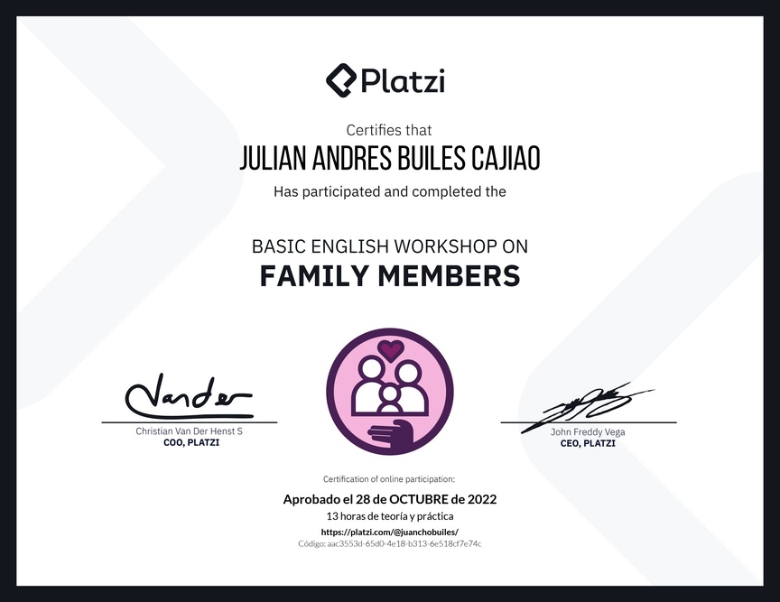 Diploma del Curso de Inglés Práctico sobre los Miembros de la Familia