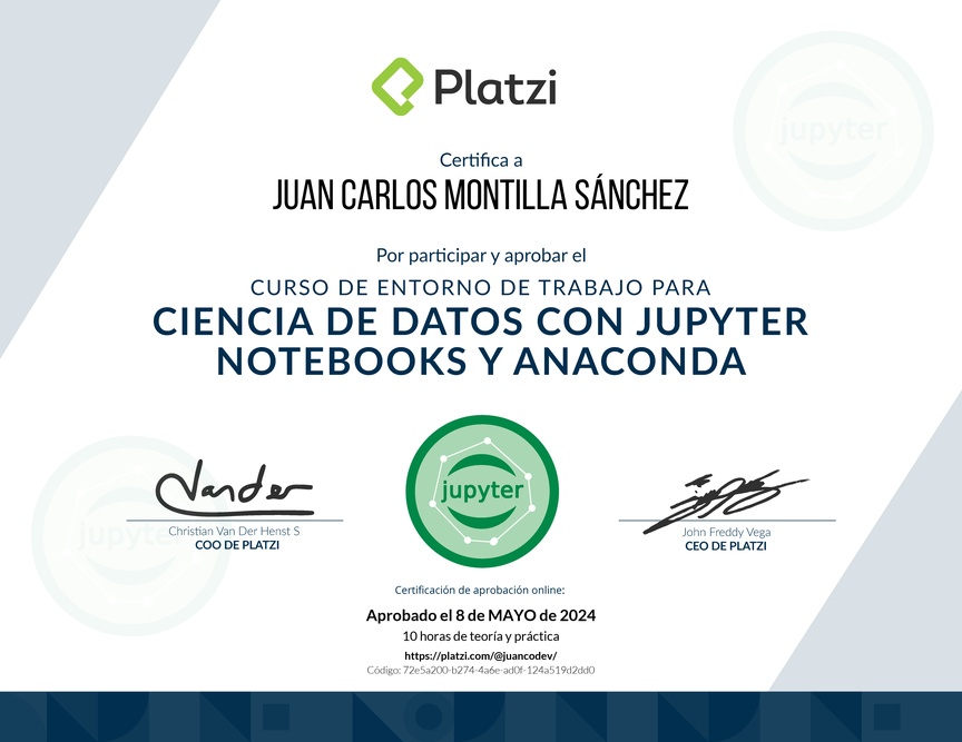 Diploma del Curso de Entorno de Trabajo para Ciencia de Datos con Jupyter Notebooks y Anaconda