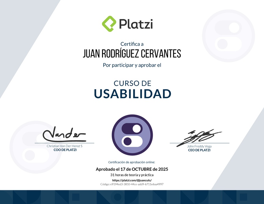 Diploma del Curso de Usabilidad: Principios, Pruebas y Herramientas Avanzadas