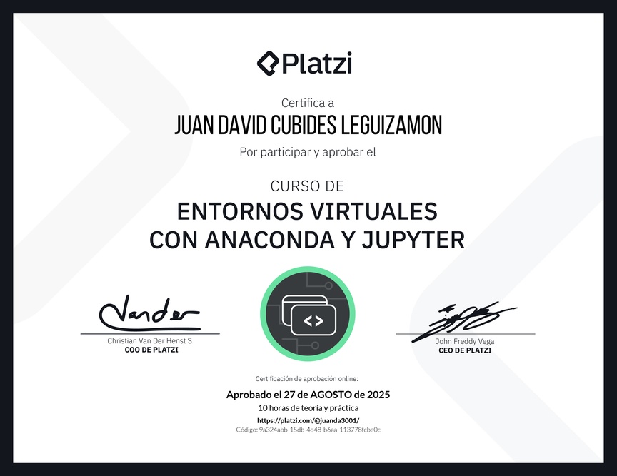 Diploma del Curso de Entornos Virtuales con Anaconda y Jupyter