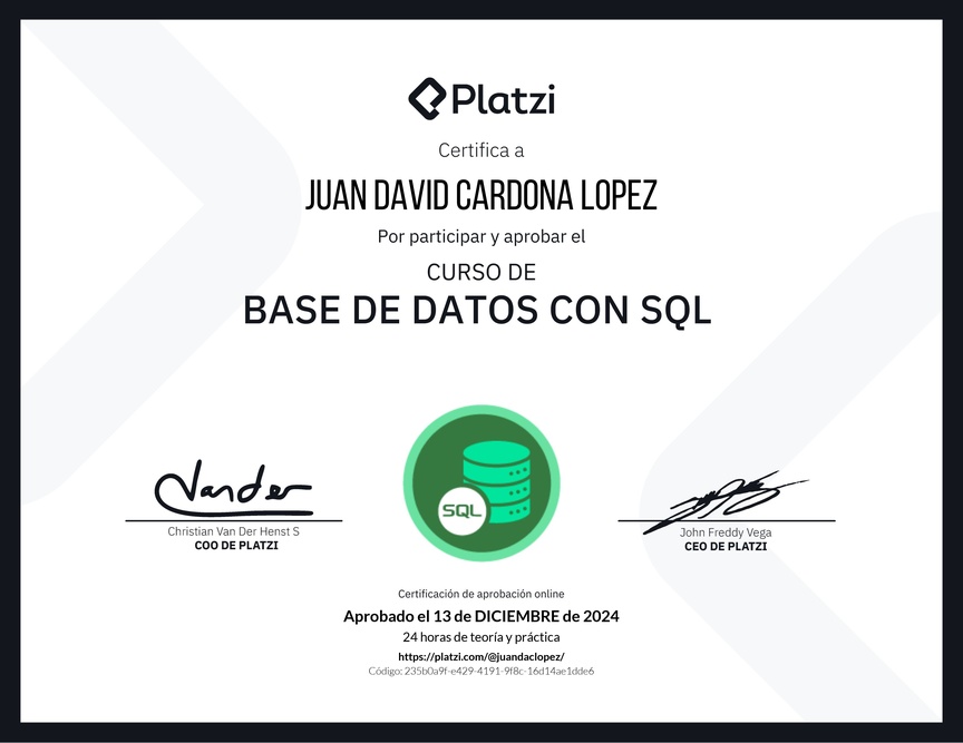Diploma del Curso de Bases de Datos con SQL