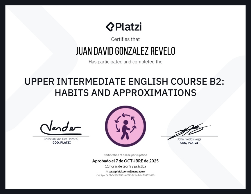 Diploma del Curso de Inglés Intermedio Alto B2: Hábitos y Aproximaciones