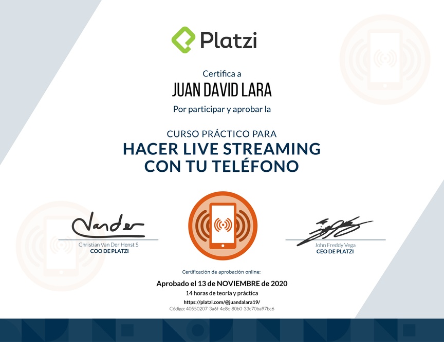 Diploma del Curso para Transmitir en vivo con tu Teléfono
