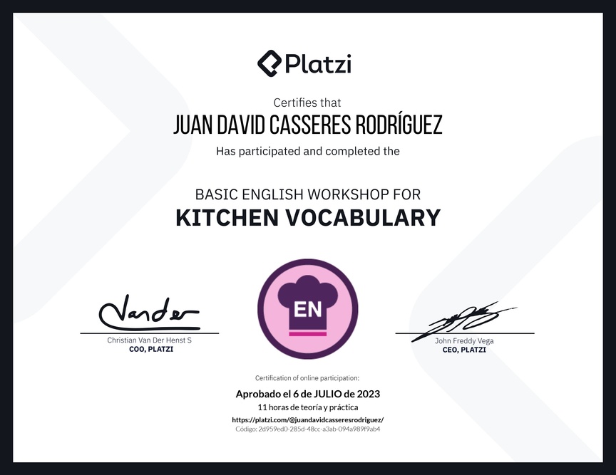 Diploma del Curso de Inglés Práctico sobre Vocabulario de Cocina