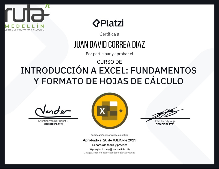 Diploma del Curso de Introducción a Excel para Principiantes: Fundamentos y Formato de Hojas de Cálculo