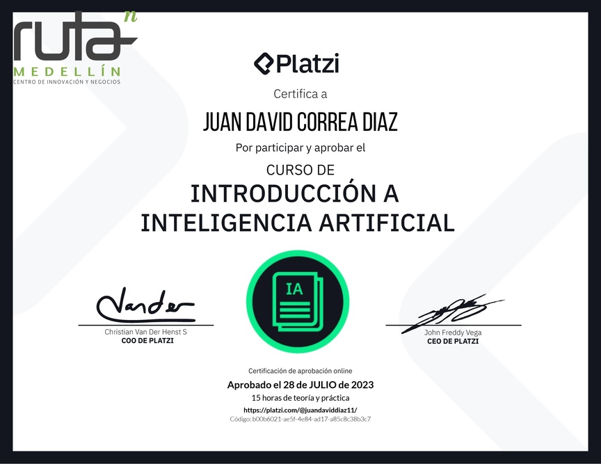 Diploma del Curso de Introducción a Inteligencia Artificial (2023)