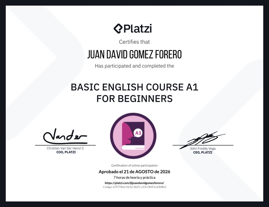 Diploma del Curso de Inglés Básico A1 para Principiantes