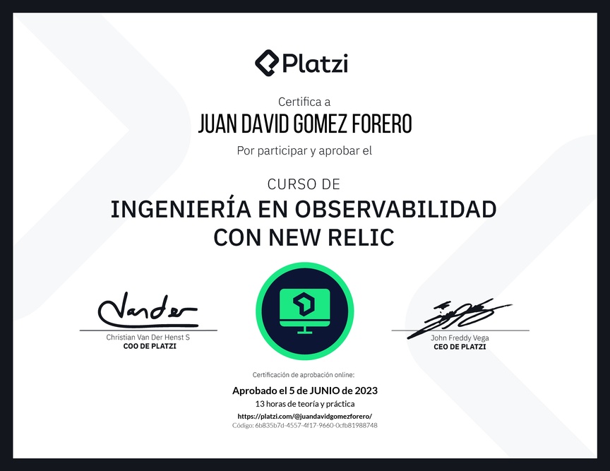 Diploma del Curso de Ingeniería en Observabilidad con New Relic