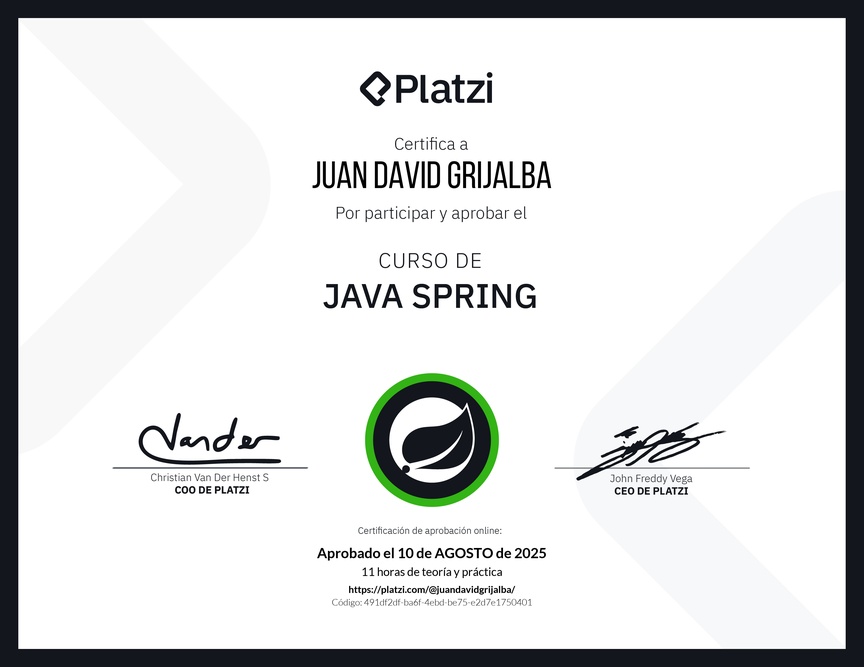 Diploma del Curso de Java Spring Boot