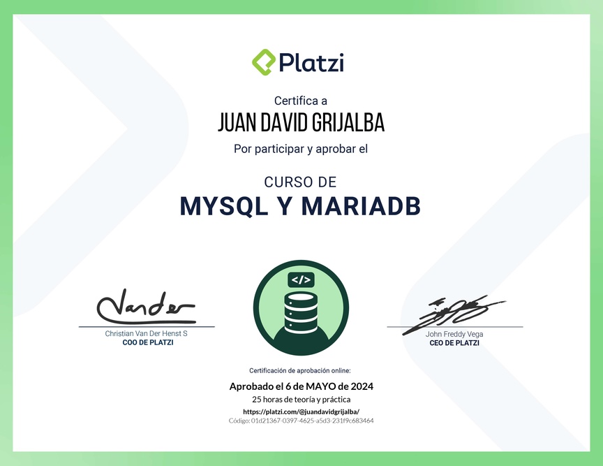 Diploma del Curso de Bases de Datos con MySQL y MariaDB