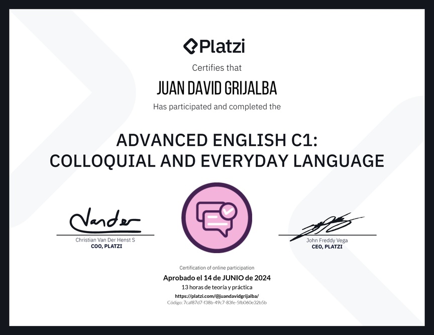 Diploma del Curso de Inglés Avanzado C1: Lenguaje Coloquial y Habitual