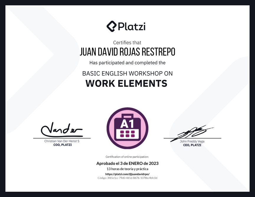 Diploma del Curso de Inglés Práctico sobre Elementos de Trabajo
