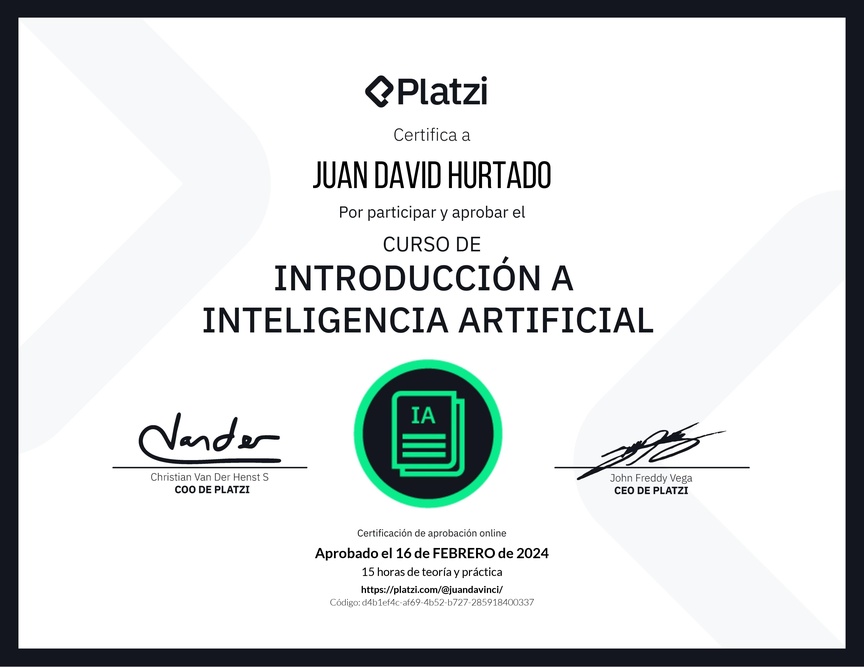 Diploma del Curso de Introducción a Inteligencia Artificial (2023)