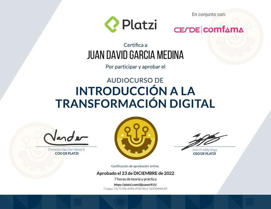 Diploma de Audiocurso de Transformacion Digital Inicial para Comprender, Identificar y Hacer Crecer tu Empresa