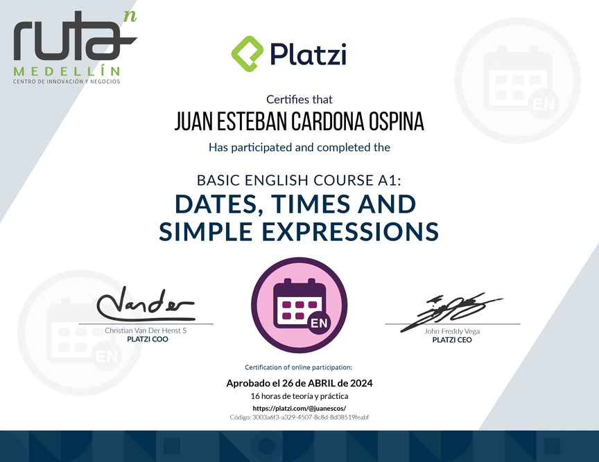 Diploma del Curso de Inglés Básico A1: Fechas, Horas y Expresiones Simples