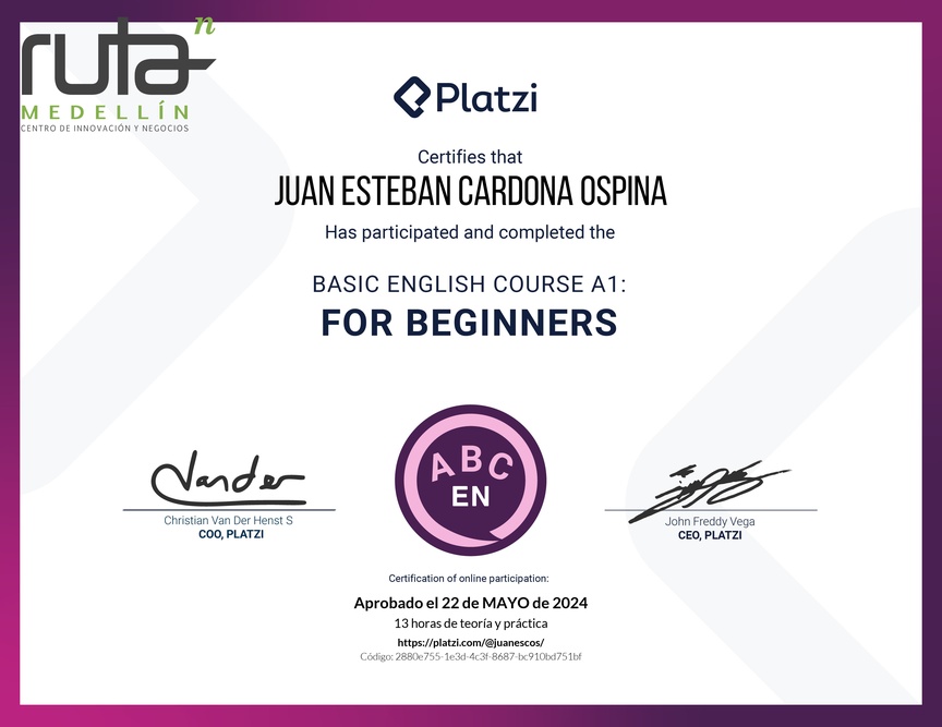Diploma del Curso de Inglés Básico para Principiantes - (2022)