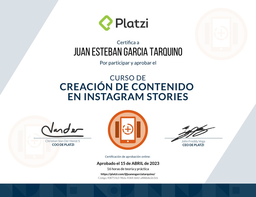 Diploma del Curso de Diseño y Edición de Instagram Stories