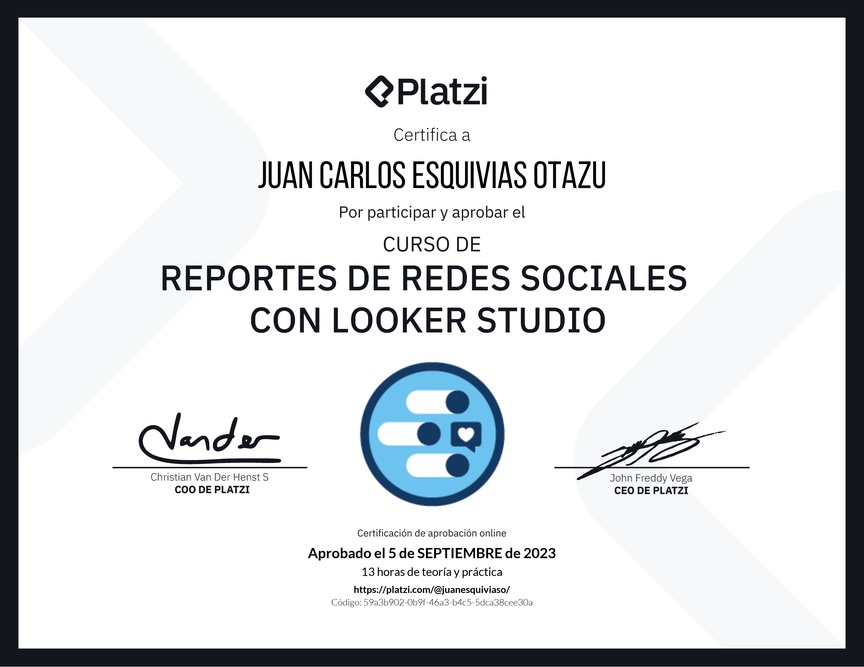 Diploma del Curso de Generación de Reportes de Redes Sociales con Looker Studio