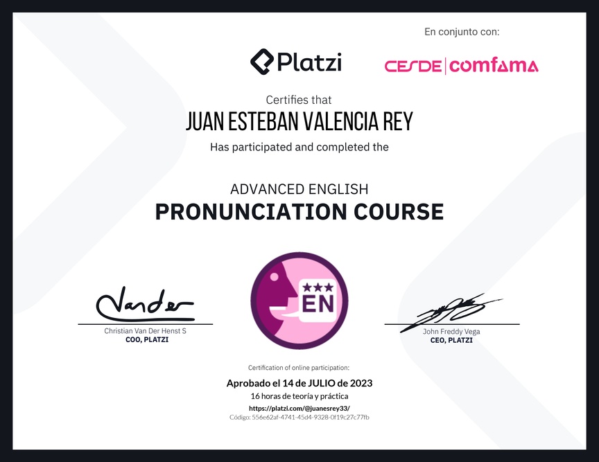 Diploma del Curso Avanzado de Pronunciación en Inglés