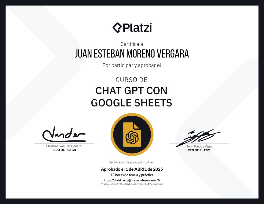 Diploma del Curso de ChatGPT con Google Sheets