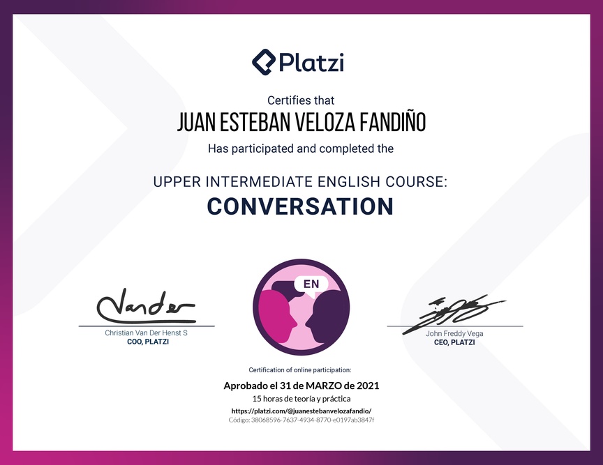 Diploma del Curso de Inglés Intermedio Alto: Conversación 2020
