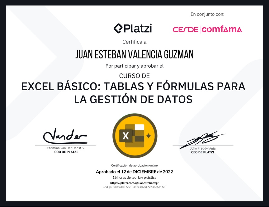 Diploma del Curso de Excel Básico: Tablas y Fórmulas para la Gestión de Datos