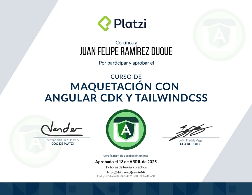 Diploma del Curso de Maquetación con Angular CDK y Tailwind CSS