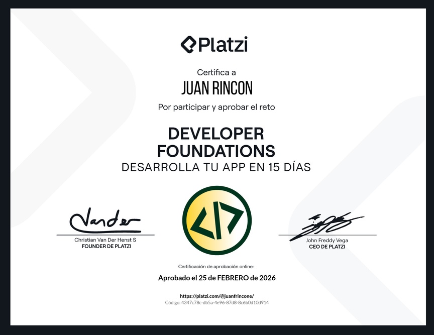 Diploma de la Ruta de Aprendizaje de Reto Developer Foundations: Crea tu app en 15 días