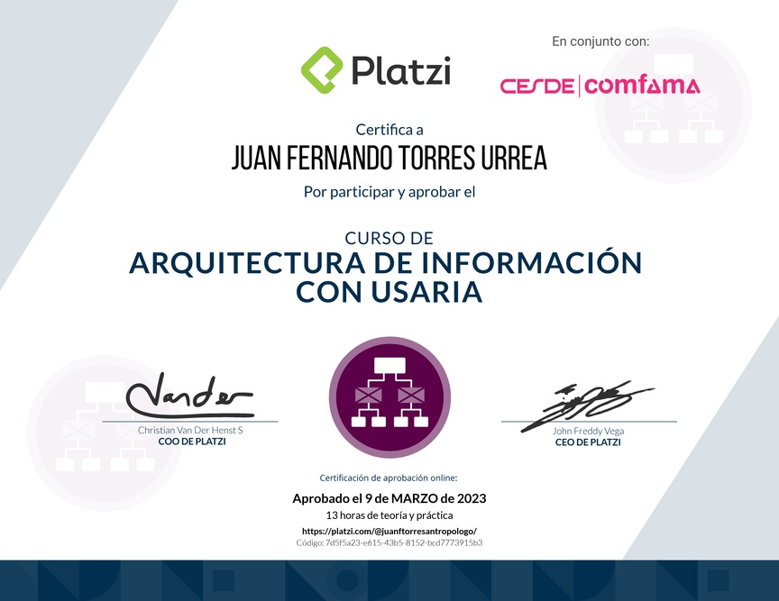 Diploma del Curso de Arquitectura de Información con Usaria