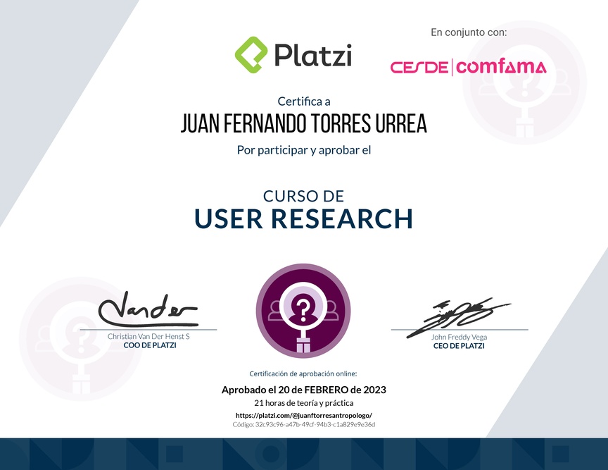 Diploma del Curso de User Research: Técnicas para una Investigación Efectiva