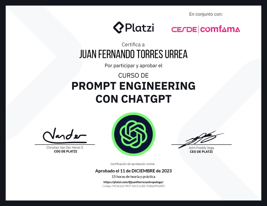 Diploma del Curso de Prompt Engineering con ChatGPT