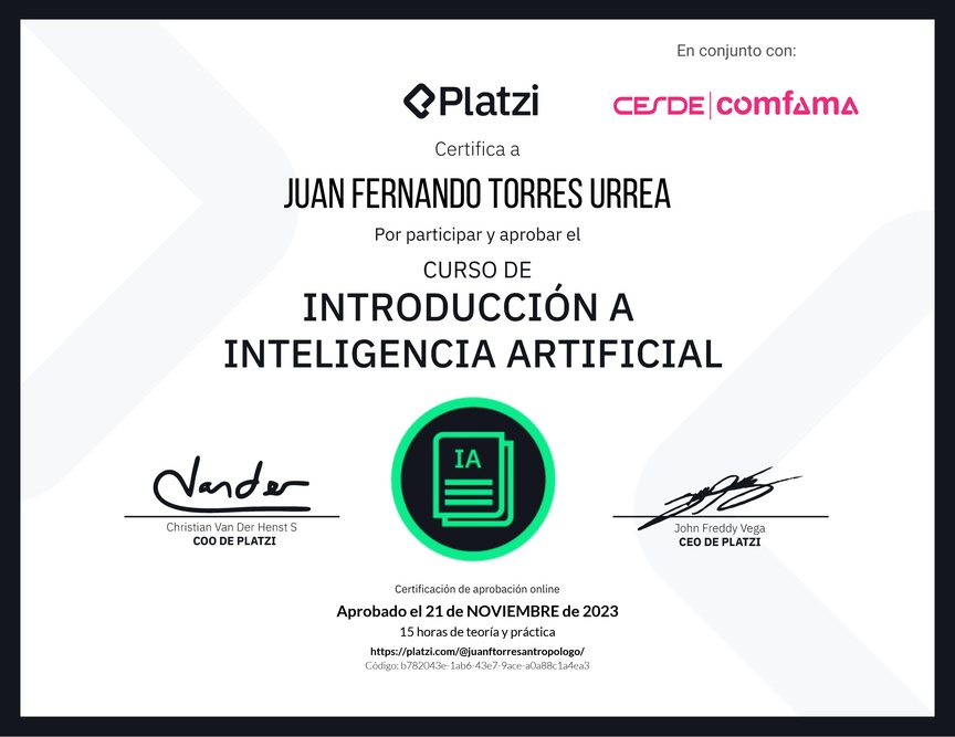 Diploma del Curso de Introducción a Inteligencia Artificial (2023)