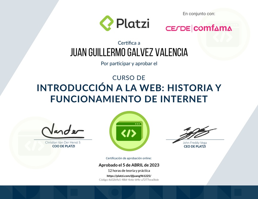 Diploma del Curso de Introducción a la Web: Historia y Funcionamiento de Internet
