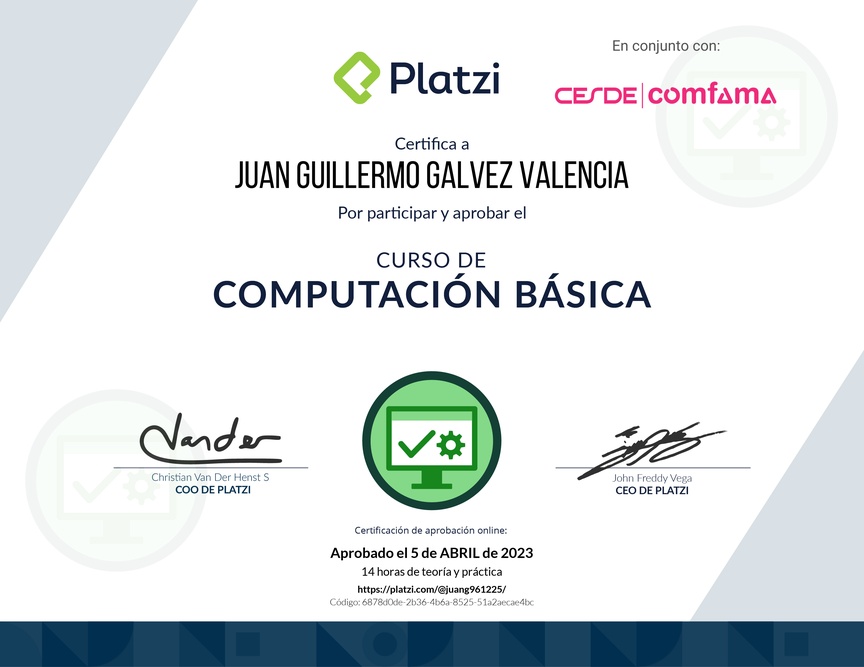 Diploma del Curso Básico de Computadores e Informática