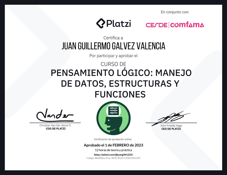 Diploma del Curso de Pensamiento Lógico: Manejo de Datos, Estructuras y Funciones